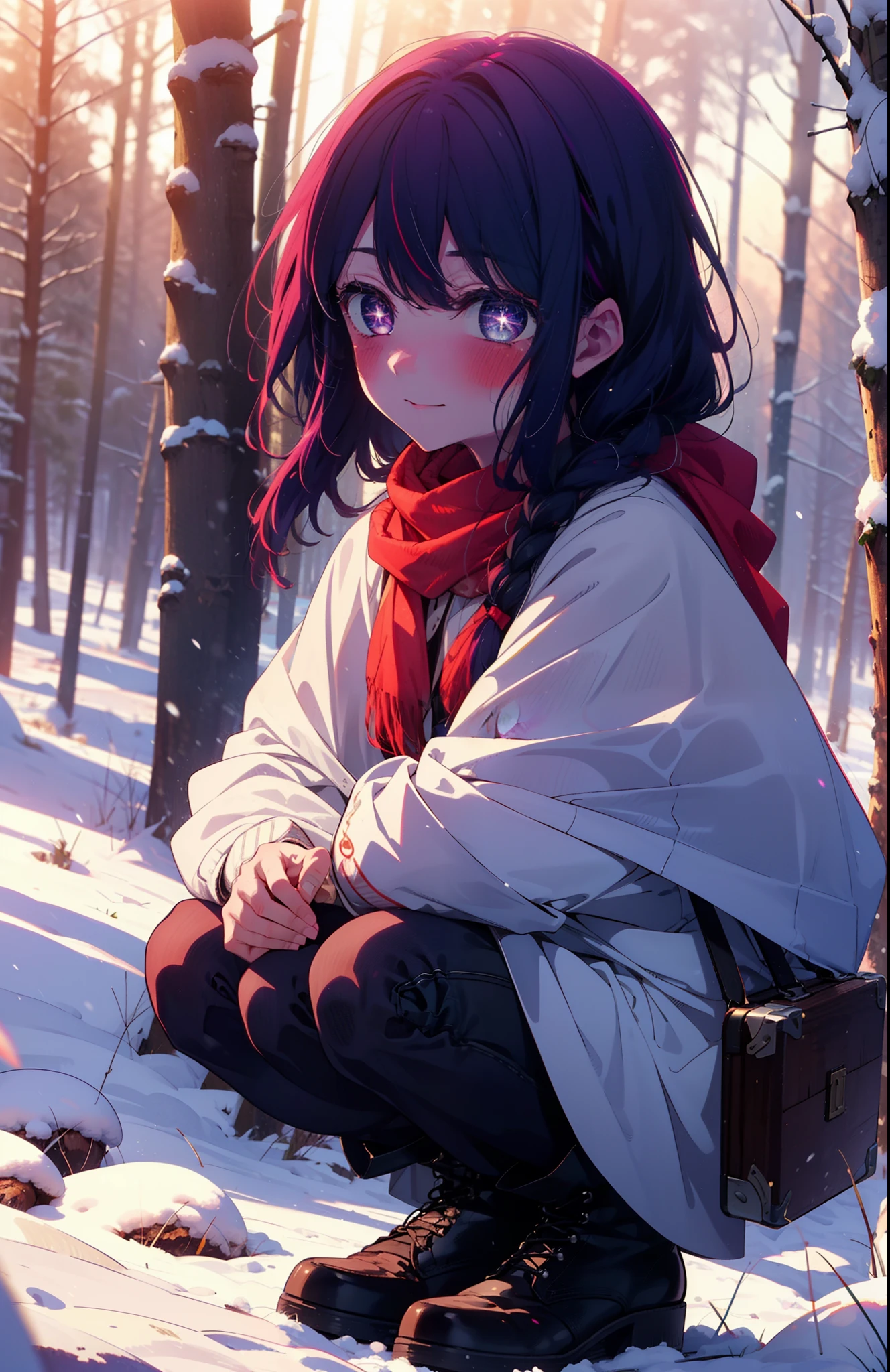 aihoshino, Ai Hoshino, Long Hair, bangs, (Purple eyes:1.1), Purple Hair, (Symbol-shaped pupil:1.5), smile,,smile,blush,white breath,
Open your mouth,snow,Ground bonfire, Outdoor, boots, snowing, From the side, wood, suitcase, Cape, Blurred, , forest, White handbag, nature,  Squat, Mouth closed, Cape, winter, Written boundary depth, Black shoes, red Cape break looking at viewer, Upper Body, whole body, break Outdoor, forest, nature, break (masterpiece:1.2), Highest quality, High resolution, unity 8k wallpaper, (shape:0.8), (Beautiful and beautiful eyes:1.6), Highly detailed face, Perfect lighting, Highly detailed CG, (Perfect hands, Perfect Anatomy),