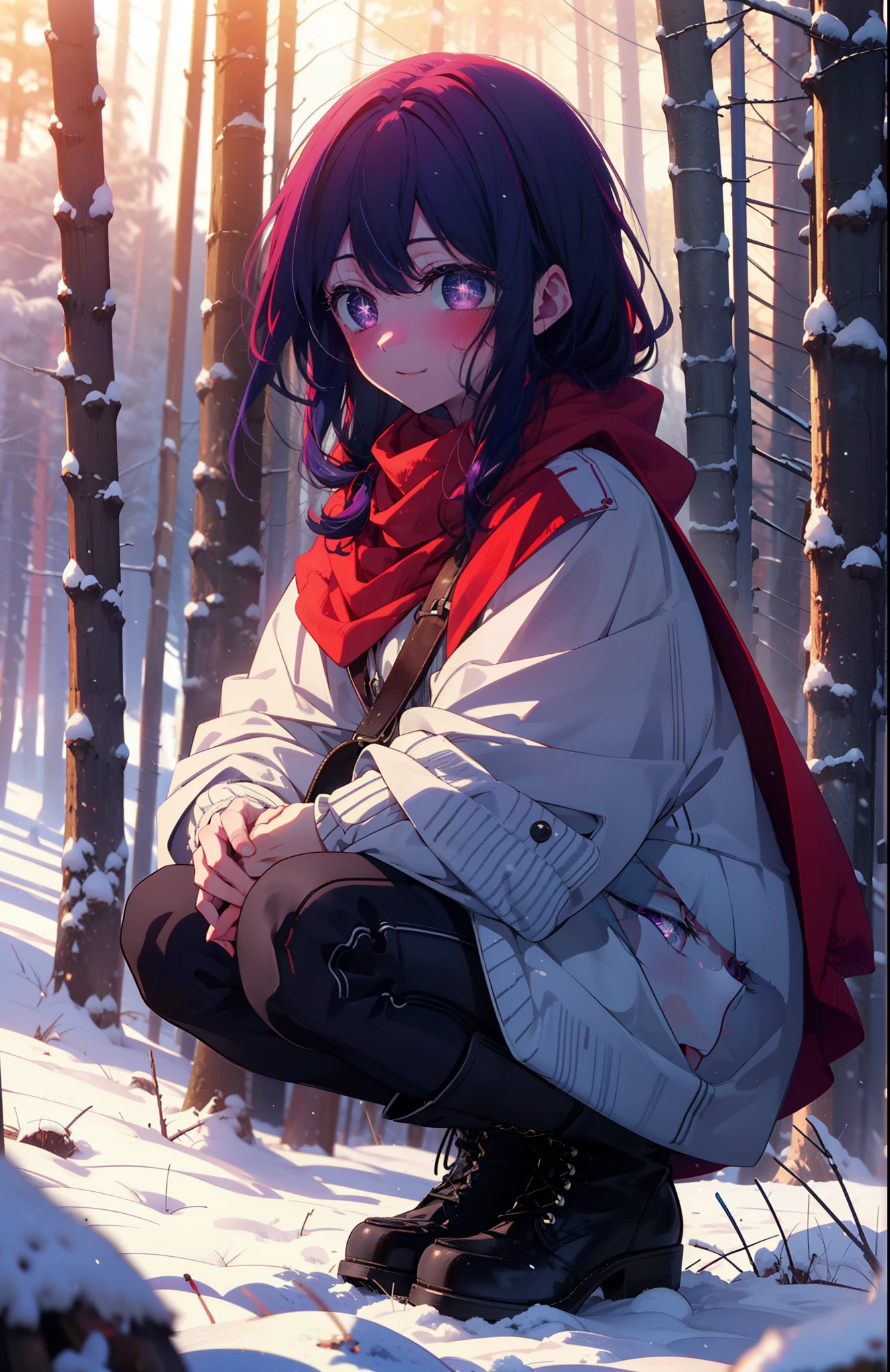 aihoshino, Ai Hoshino, Long Hair, bangs, (Purple eyes:1.1), Purple Hair, (Symbol-shaped pupil:1.5), smile,,smile,blush,white breath,
Open your mouth,snow,Ground bonfire, Outdoor, boots, snowing, From the side, wood, suitcase, Cape, Blurred, , forest, White handbag, nature, Squat, Mouth closed, Cape, winter, Written boundary depth, Black shoes, red Cape break looking at viewer, Upper Body, whole body, break Outdoor, forest, nature, break (masterpiece:1.2), Highest quality, High resolution, unity 8k wallpaper, (shape:0.8), (Beautiful and beautiful eyes:1.6), Highly detailed face, Perfect lighting, Highly detailed CG, (Perfect hands, Perfect Anatomy),