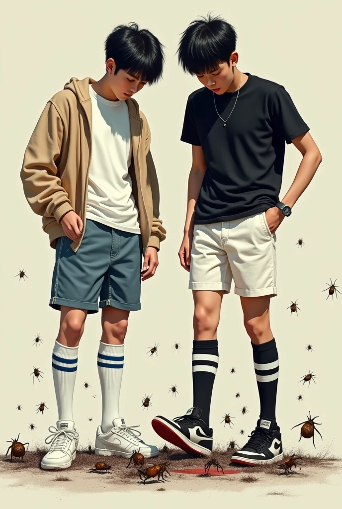 2 handsome asian male teenagers with tall and slim bodies and black hair. 1st asian wears a white t shirt with a beige cardigan, long white socks with 2 blue stripes on it, and white air force ones. 2nd wears a black t shirt, white shorts, long black socks with 2 white stripes, and air jordans. Both are stomping and crushing bugs
