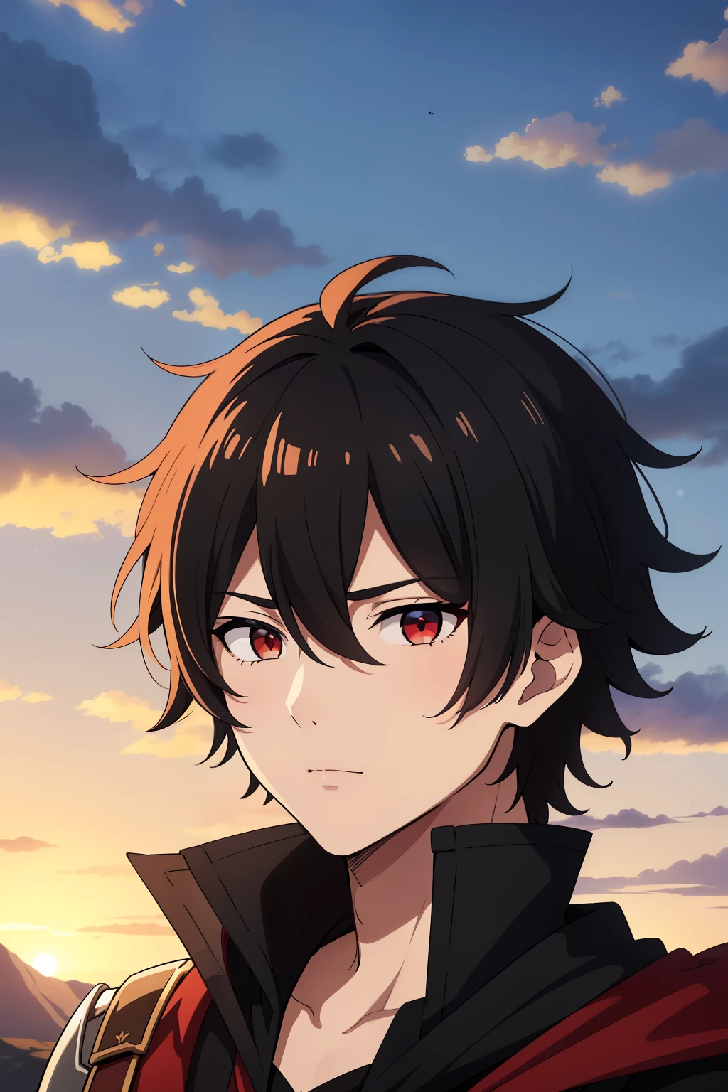 (high-quality, breathtaking),(expressive eyes, perfect face) 1boy, male, solo, young adult, Symmetrical Eyes, portrait, black hair, red eye color, short hair length, messy loose hair, neutral expression, soft smile, white shirt, black cloak red trim, fantasy attire, adventurer profession, sunset sky, summer theme, armor, cape
