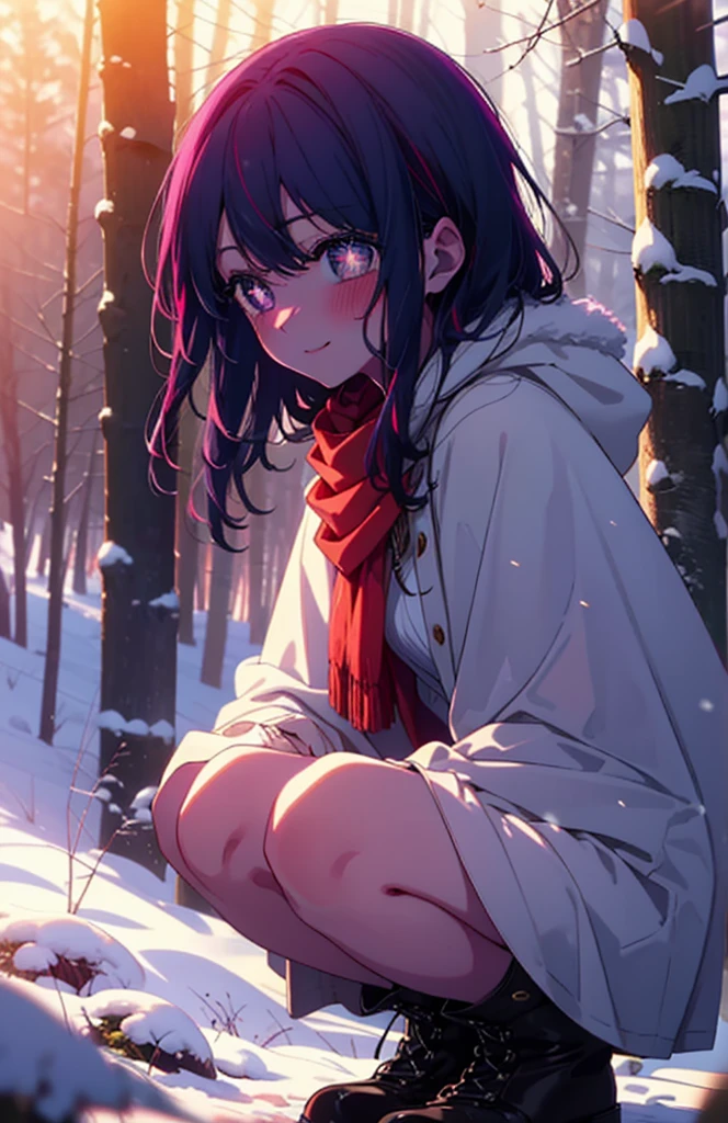 aihoshino, Ai Hoshino, Long Hair, bangs, (Purple eyes:1.1), Purple Hair, (Symbol-shaped pupil:1.5), smile,,smile,blush,white breath,
Open your mouth,snow,Ground bonfire, Outdoor, boots, snowing, From the side, wood, suitcase, Cape, Blurred, , forest, White handbag, nature, Squat, Mouth closed, Cape, winter, Written boundary depth, Black shoes, red Cape break looking at viewer, Upper Body, whole body, break Outdoor, forest, nature, break (masterpiece:1.2), Highest quality, High resolution, unity 8k wallpaper, (shape:0.8), (Beautiful and beautiful eyes:1.6), Highly detailed face, Perfect lighting, Highly detailed CG, (Perfect hands, Perfect Anatomy),