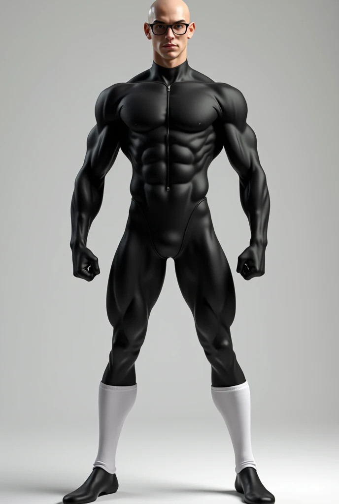 A hairless white boy of approximately with glasses who is wearing a black spandex suit that highlights a great musculature with very muscular arms and super muscular legs., that they look aesthetic and proportionate and that these in turn are covered by extra long white soccer socks that reach up to the thighs.
This boy will also have a bulge that highlights his private parts..