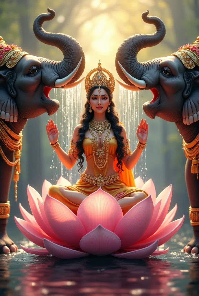 Goddess laxmi sitting on lotus having elephants on her both side and elephants showering water on her