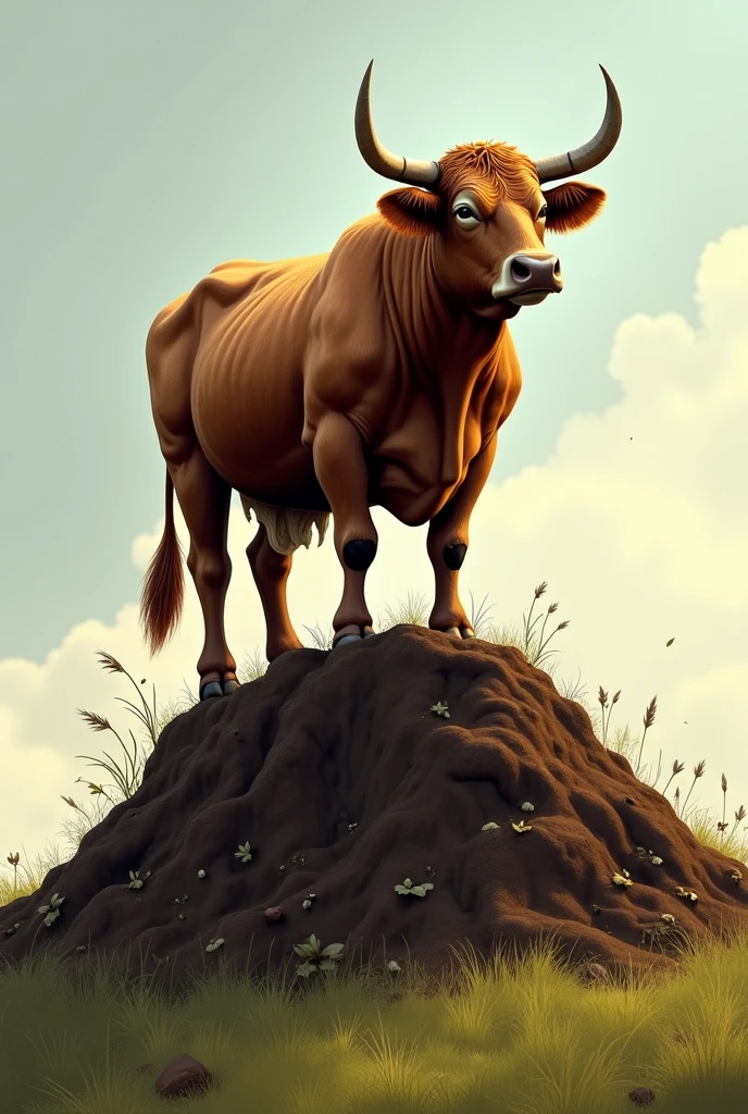 A cow standing on top of a dung heap