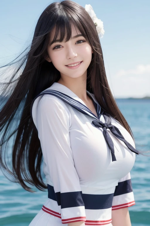 One girl, High resolution, Long Hair, smile, Big Breasts、Black Hair, Simple Background, High resolution, Highest quality, High-resolution model, High detail, Japanese、Sailor suit