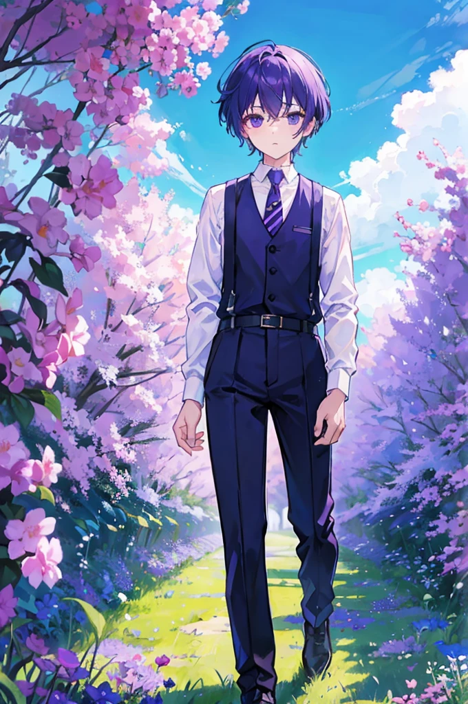 Blue Sky Day、Standing in a purple flower field、With short purple hair、White shirt and black trousers、Boy with purple tie