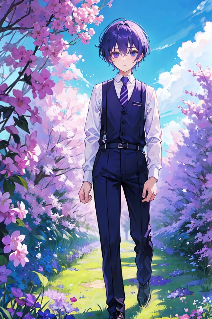 Blue Sky Day、Standing in a purple flower field、With short purple hair、White shirt and black trousers、Boy with purple tie