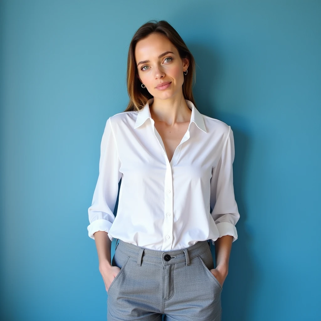 arafed woman in a white shirt and grey pants standing in front of a blue wall, kirsi salonen, magdalena andersson, wearing a blouse, magdalena radziej, wearing a white blouse, moleksandra shchaslyva, niele toroni, photo of džesika devic, serena malyon