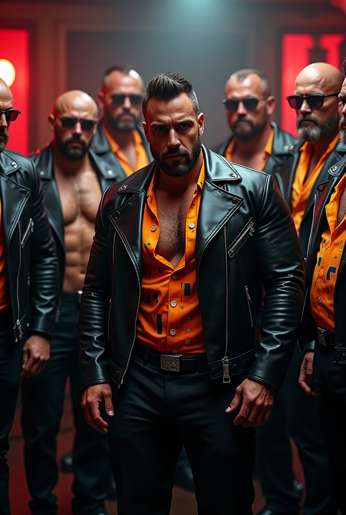 Movie posters, strong men, handsome guys, leather gear, fine details, intricate, three-dimensional lighting, 4K rendering, ultra-realistic
