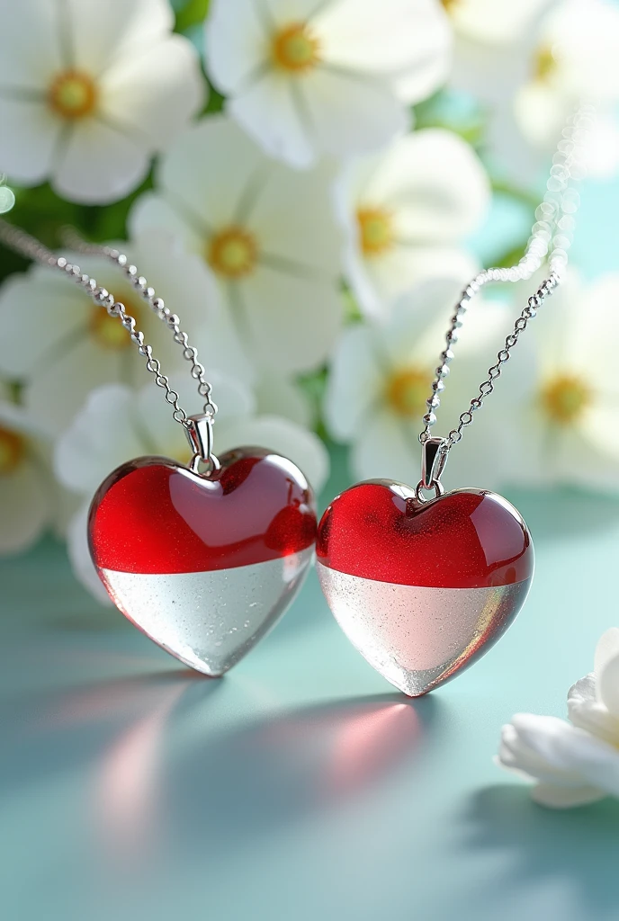 Delicate and sober heart-shaped
pendants with chain each in shiny
glass Indonesian flag, with the well-
written engraved names "Sutrisno Fitri Ayu" background with white
flowers HD, rendering 3d, fashion,
vibrant, photo.