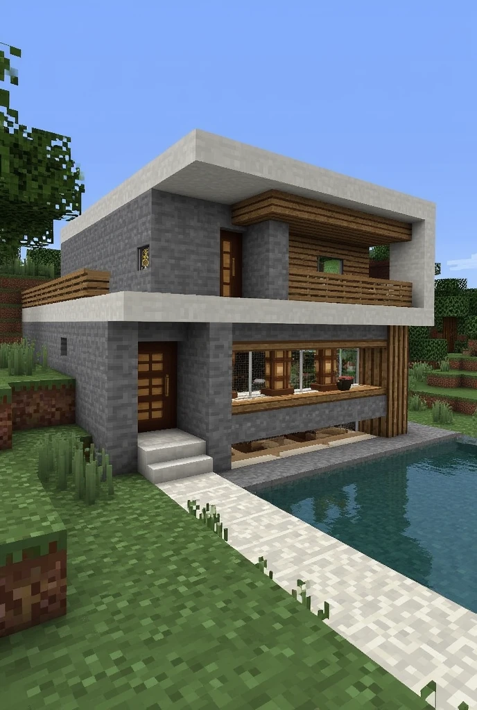 Make a modern house with a rustic style in Minecraft, not too big, but not too small, with 2 floors and with the following materials 
gray concrete 
white concrete 
wood 
rock
