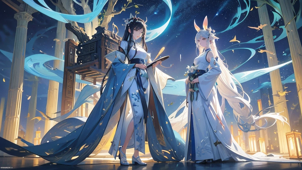night，A vast expanse of silvery sand amidst the laurel trees，A beautiful and charming woman wearing gorgeous white ancient Chinese costume，Black long hair，Charming black eyes，Standing，and a white furry rabbit wearing blue ancient clothes，Rabbit carrying bamboo backpack，Standing，Surrounded by laurel trees，The sky is deep blue，Night Sky，