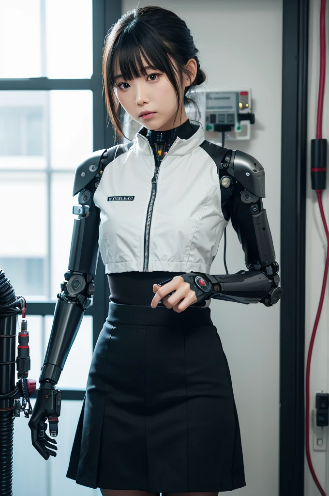 masterpiece, best quality, extremely detailed, Japaese android girl,Plump , control panels,android,Droid,Mechanical Hand, Robot arms and legs, Black hair,Blunt bangs,perfect robot girl,long tube,thick cable connected her neck,android,robot,humanoid,cyborg,japanese cyborg girl ,future laboratory,connecting a cable between the legs,skirt, high socks