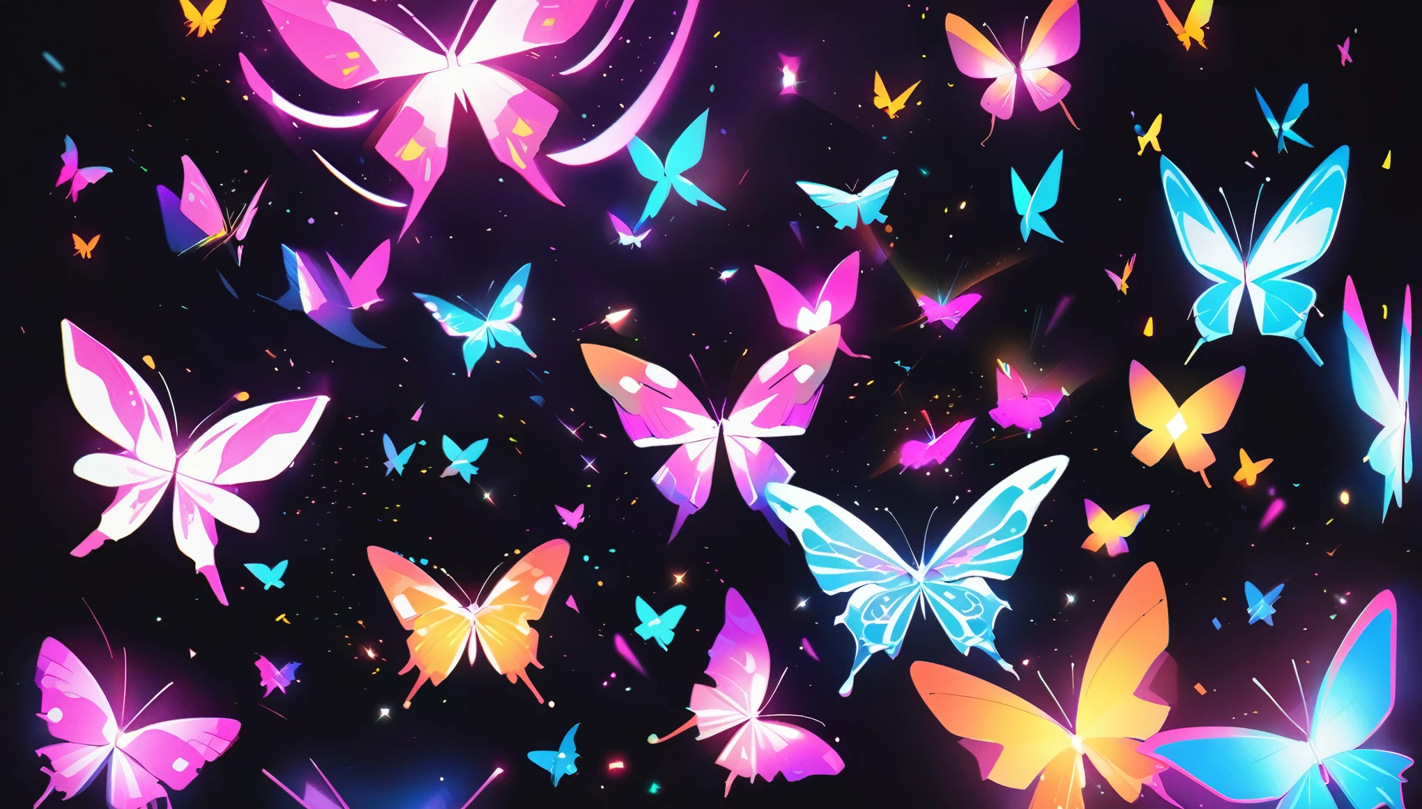 Bright colored lights shining brightly on a black background, Digital Art inspired by Petros Afshar, Unsplash, Digital Art, Neon Wings, Butterfly Lighting, Stylized Neon, Beep colors, Beep style, Neon particles, Beep artwork, flying particles, Beep!!, Glowing Butterfly, style hybrid mix of Beep, Beep |