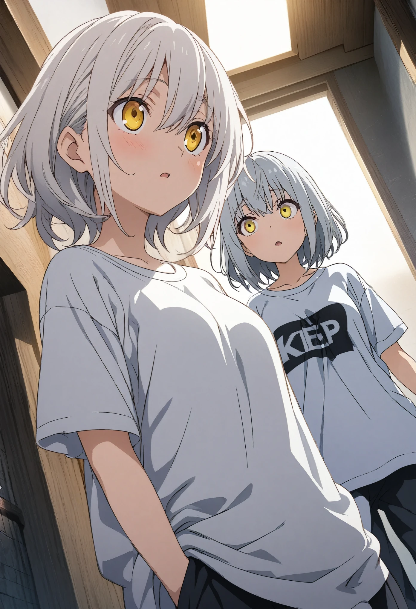 Two Girls, masterpiece, Highest quality, Highly detailed CG Unity 8k wallpaper, High School Girl Anime Illustration. Wear an oversized t-shirt and oversized pants、Keep your hands in your pants pockets, The background is a simple single color。white hair color, Yellow Eyes, Confused eyes, Angle looking up from below