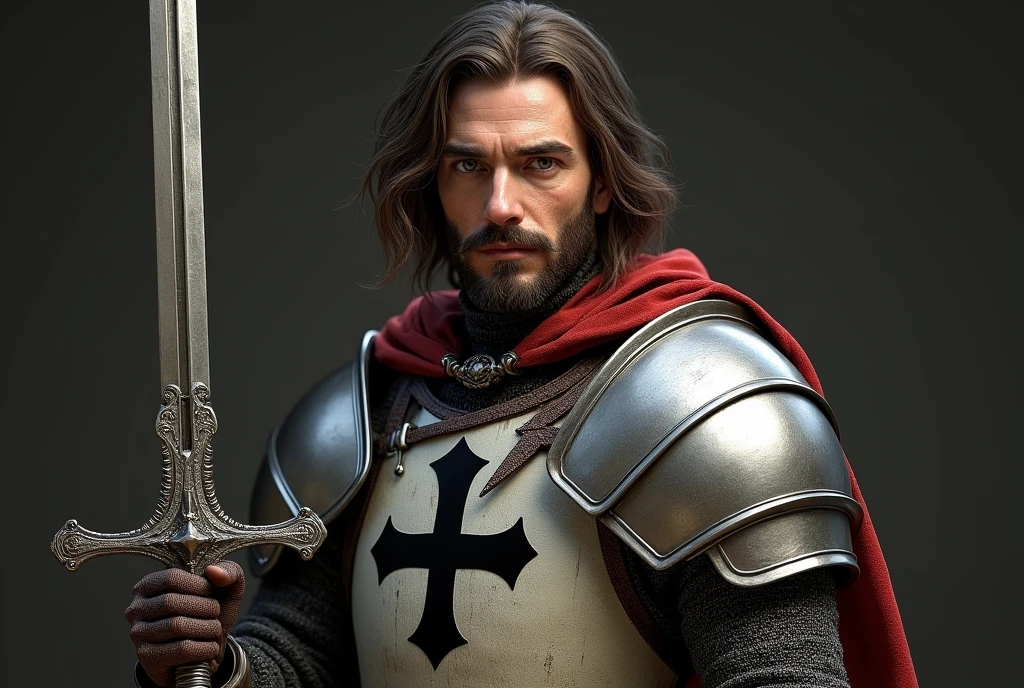 side view, standing pose, action pose, 12th century, One of the Teutonic Knights, (Germany man, 30 age-old, brown hair, long hair, beard, mustache, serious),Cover the whole body in armor, He has a double-edged sword in both hands, (one Crusader sword), The handle is cross-shaped, It is decorated, ((He wears a cloak with a Black cross on his chest)), Accurate, ((Anatomically correct,Surrealism, UHD, retina, accurate, anatomically correct, textured skin, super detail, high details, best quality, 8K))