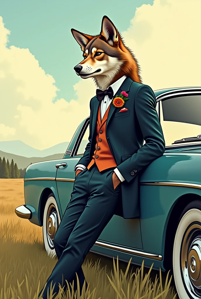 Make a oc of wolf face and dog body creature wearing formal clothes. Leaning to a car in a grassfield. Make it like it's made on adobe illustrator. Don't make it too realistic .furry art
