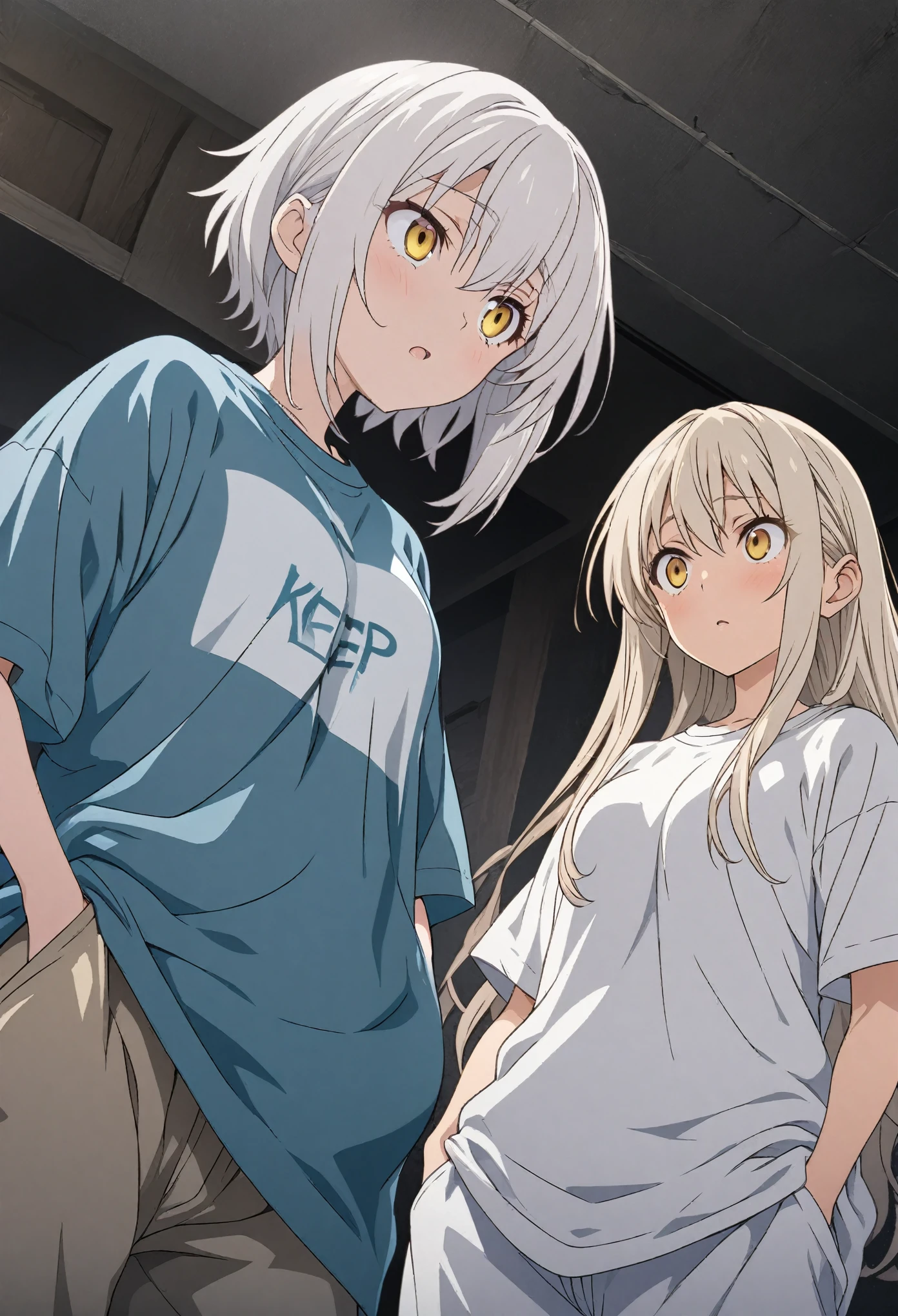 Two Girls, masterpiece, Highest quality, Highly detailed CG Unity 8k wallpaper, High School Girl Anime Illustration. Wear an oversized t-shirt and oversized pants、Keep your hands in your pants pockets, The background is a simple single color。white hair color, Yellow Eyes, Confused eyes, Angle looking up from below