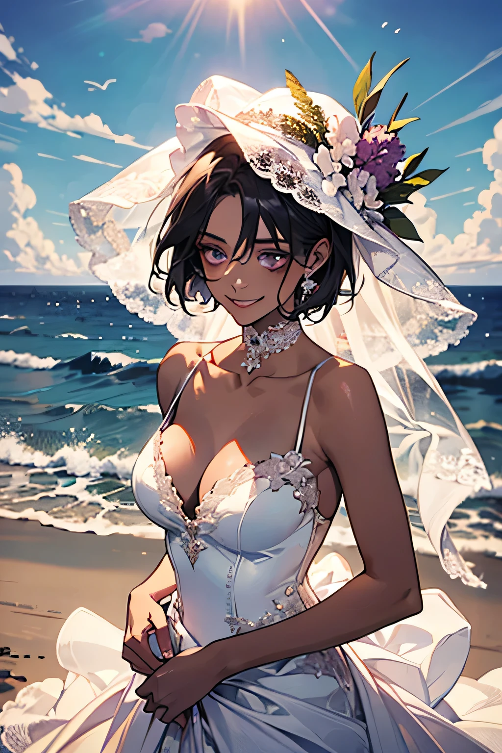 Ocean,young woman,Are standing,Small Head,(Provocative smile),short hair,Black Hair,Lilac eyes,Large ,Cleavag Wedding Dress),(chocolate-colored skin).