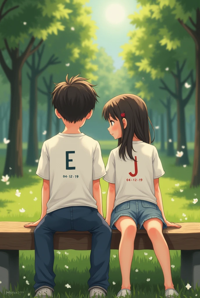 A boy and a girl sitting on a bench looking at me With white shirts and in front the boy has the letter E on his shirt and the girl has the letter J on her shirt and below the letters they have the numbers 04-12-19 And behind them a park