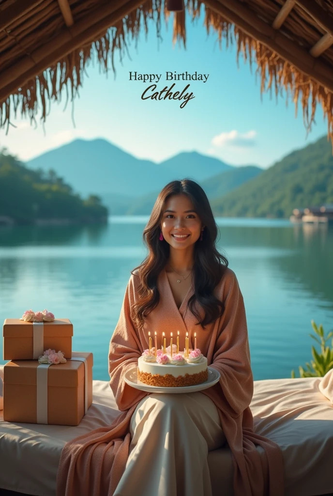 Lake Toba,potret full badan seorang wanita muda cantik indonesia menawan aduhai memakai mantel duduk di gubug samping Lake Toba,while holding a birthday cake,gift,on the side there is writing happy birthday CATHELYA,typography,cinematic,Blue sky,smile