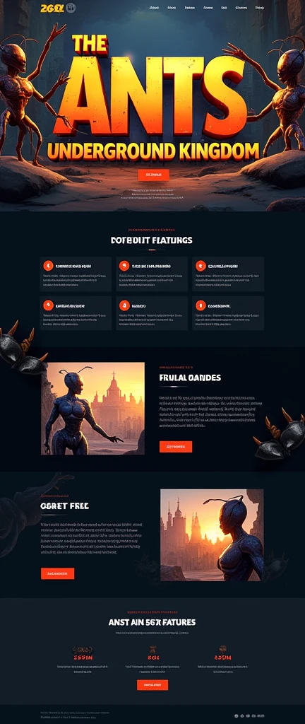 Game enterprise brand official website,reference:dribbble,Behance and other avant-garde web design creativity,High-end typesetting solutions,Advanced typography,Banner picture game font says:The Ants: Underground Kingdom The World's First Ant Strategy Games,Gaming websites,strategy game,3D realistic style