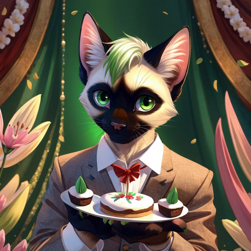 A Siamese cat, furry, male, green eyes, small claws with green tips, short white hair, simple contemporary clothes with a Lily flower print, smiling for the photo, while holding a small cake, decorated and eye-catching.