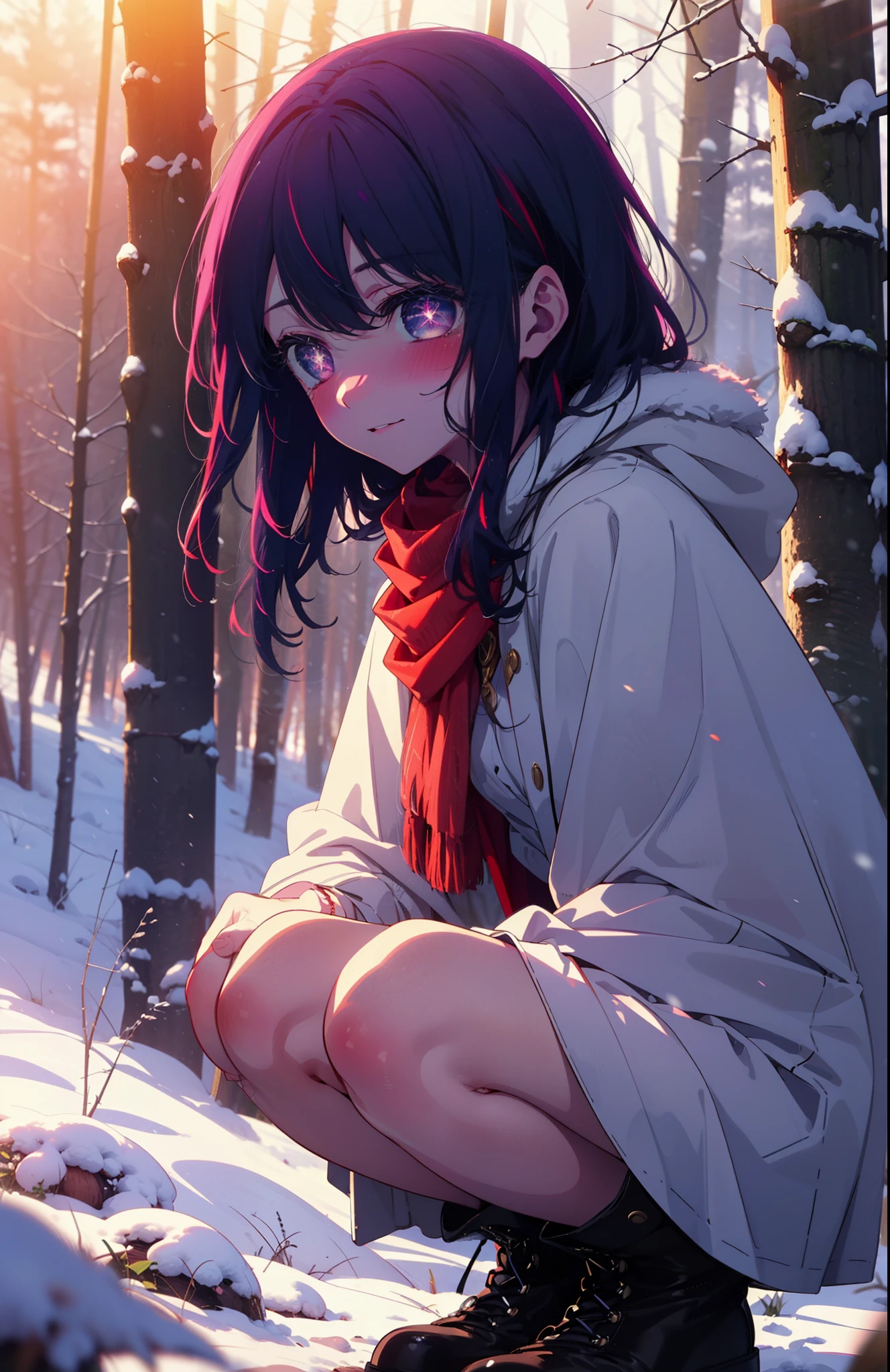 aihoshino, Ai Hoshino, Long Hair, bangs, (Purple eyes:1.1), Purple Hair, (Symbol-shaped pupil:1.5), smile,,smile,blush,white breath,
Open your mouth,snow,Ground bonfire, Outdoor, boots, snowing, From the side, wood, suitcase, Cape, Blurred, , forest, White handbag, nature, Squat, Mouth closed, Cape, winter, Written boundary depth, Black shoes, red Cape break looking at viewer, Upper Body, whole body, break Outdoor, forest, nature, break (masterpiece:1.2), Highest quality, High resolution, unity 8k wallpaper, (shape:0.8), (Beautiful and beautiful eyes:1.6), Highly detailed face, Perfect lighting, Highly detailed CG, (Perfect hands, Perfect Anatomy),