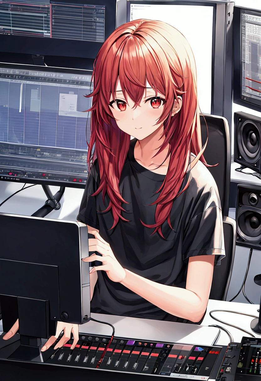 Create an anime style ilustration. a man in a modern music studio. sitting on a chair in front of a studio desk wearing a black t-shirt, on the desk there are music production devices such as keyboards, monitors, and speakers. The monitor screen shows the music production software that is currently active. The atmosphere of this image reflects the creative working environment in electronic music production.