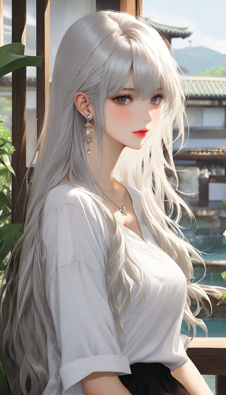 1 girl, solitary, Long hair, shirt, white shirt, Bangs, Upper Body, earrings,  Jewelry, White hair, Residence、Outlook