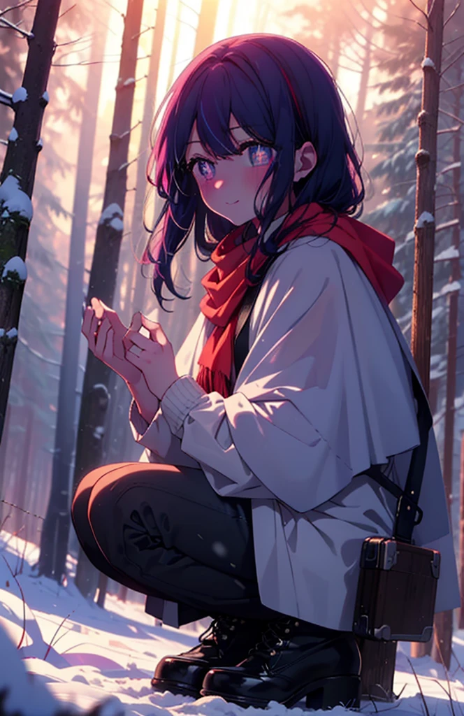 aihoshino, Ai Hoshino, Long Hair, bangs, (Purple eyes:1.1), Purple Hair, (Symbol-shaped pupil:1.5), smile,,smile,blush,white breath,
Open your mouth,snow,Ground bonfire, Outdoor, boots, snowing, From the side, wood, suitcase, Cape, Blurred, , forest, White handbag, nature,  Squat, Mouth closed, Cape, winter, Written boundary depth, Black shoes, red Cape break looking at viewer, Upper Body, whole body, break Outdoor, forest, nature, break (masterpiece:1.2), Highest quality, High resolution, unity 8k wallpaper, (shape:0.8), (Beautiful and beautiful eyes:1.6), Highly detailed face, Perfect lighting, Highly detailed CG, (Perfect hands, Perfect Anatomy),