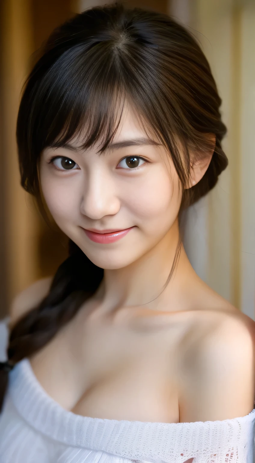 masterpiece,best quality,(Japanese girl),((Beautiful girl)),cleavage,(off shoulder:1.2),(perfect body beauty:1.2),(shy smile),from above