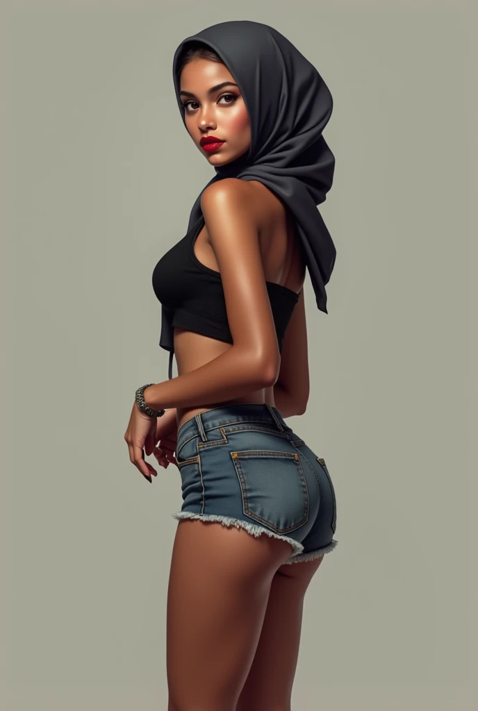 A head to toe picture of a beautiful  brown girl, tall, slim, big boobs, jucy lips with red lipstick, curvy ass, beautiful eyes, wears hijab, wears  sleevless western top, showing cleavage, wears a 
tight and skimpy  short pant, showing her curvy ass, wears hijab.