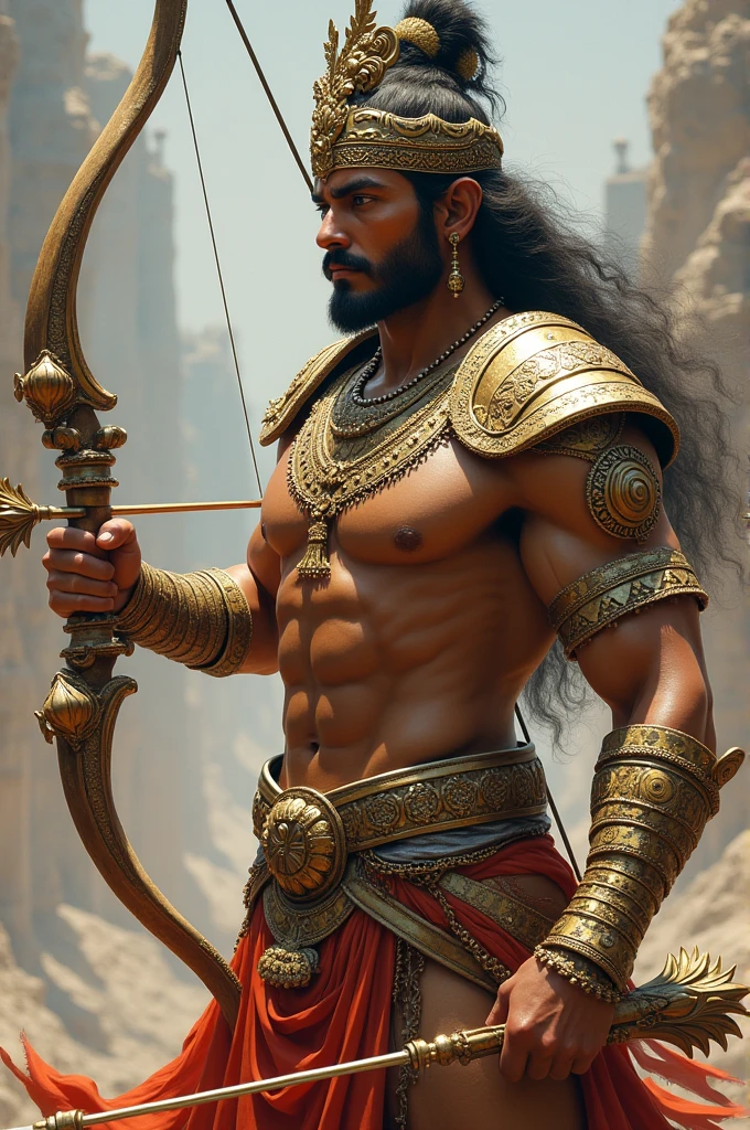 Design Arjuna in a powerful, battle-ready stance, wearing intricate traditional Kshatriya armor. The armor should have a gold and silver color scheme with detailed engravings, emphasizing his royal status. Include shoulder plates, a chest guard, and bracers, all adorned with ornate patterns. His muscular physique should be visible, with the armor enhancing his strength without restricting movement. Add a flowing dhoti and a royal crown, ensuring his look is both heroic and regal. He holds the Gandiva bow, ready to shoot an arrow, with a focused and determined expression