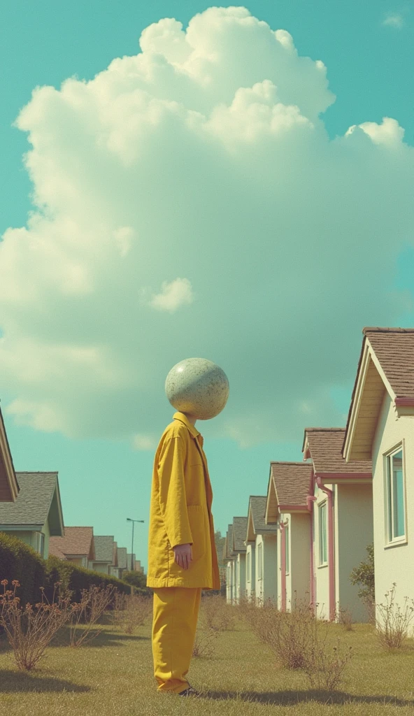 weird looking human figure. setting: houses, pastel colors, cotton clouds above, surreal atmosphere, raw photo, , 35mm