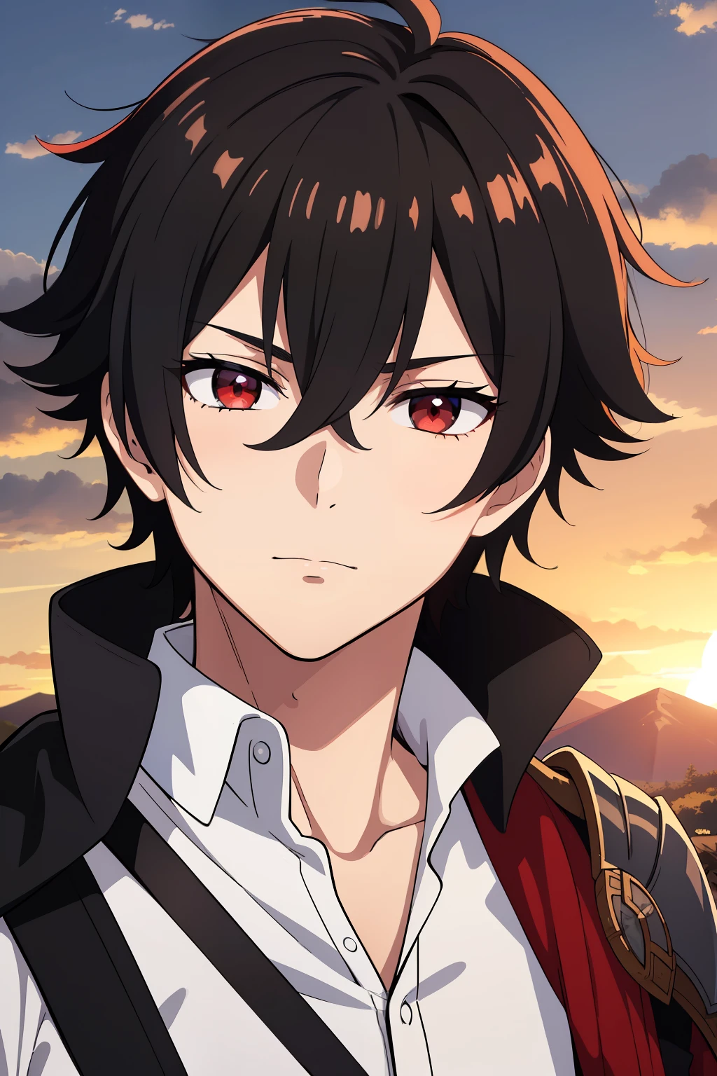 (high-quality, breathtaking),(expressive eyes, perfect face) 1boy, male, solo, young adult, Symmetrical Eyes, portrait, black hair, red eye color, short hair length, messy loose hair, neutral expression, soft smile, white shirt, black cloak red trim, fantasy attire, adventurer profession, sunset sky, summer theme, armor, cape
