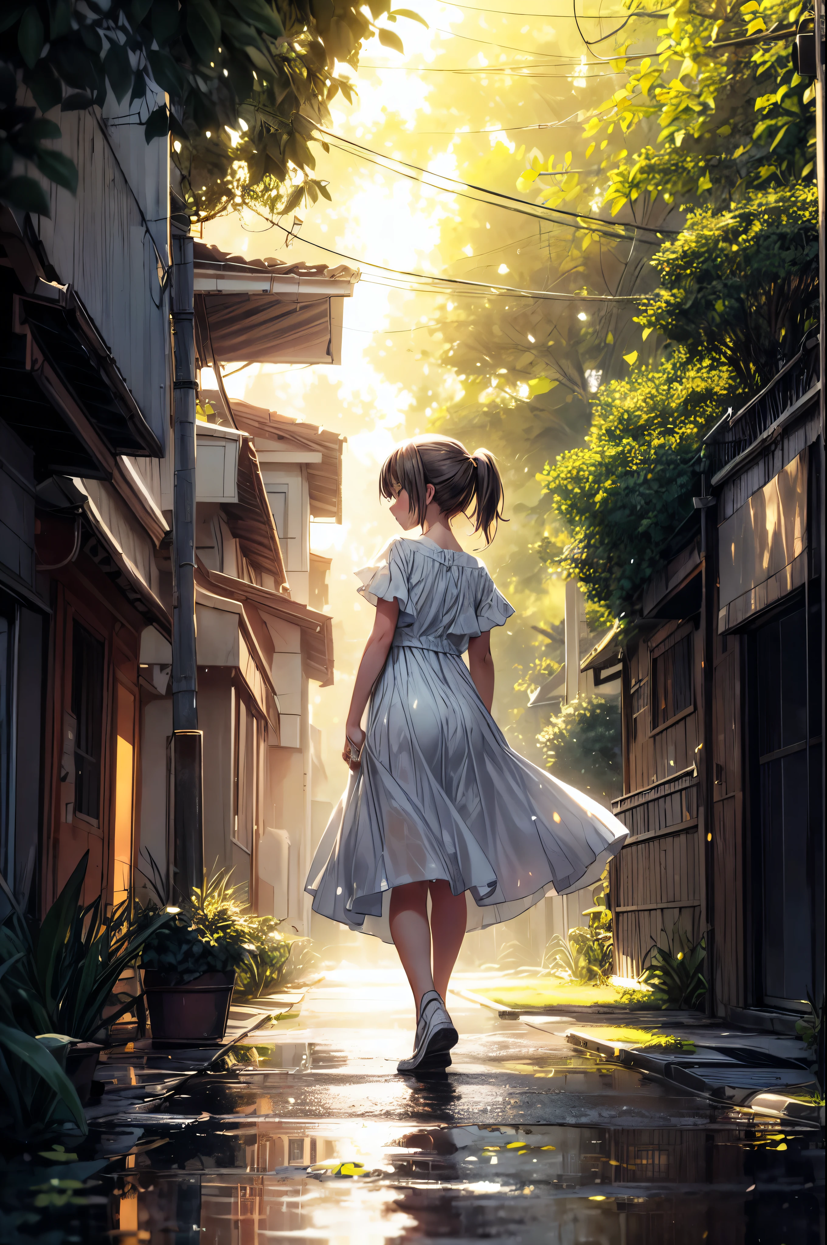 In a quiet, suburban street drenched in the soft afterglow of a recent rain, the camera is positioned at a low angle, capturing the scene from behind a young girl as she walks down the pathway. The shot is framed to emphasize the ethereal atmosphere created by the interplay of light and shadow. The girl's silhouette is central to the composition, bathed in warm sunlight filtering through the overhanging trees, which create a natural canopy above her.The scene is filled with a soft, golden hue, where the sunlight pierces through the dense leaves, casting dappled patterns on the wet pavement. Tiny droplets of water, suspended in mid-air, catch the light, appearing like glistening fireflies around the girl. Her posture is relaxed, her arms slightly swinging as she walks, her simple white dress swaying with her movements. The light breeze gently tousles her short hair, adding to the sense of serenity.Reflections of the girl and the surrounding greenery can be seen in the shallow puddles that still linger on the ground, enhancing the dreamy, almost surreal quality of the scene. In the background, out of focus, the urban elements of street poles and distant buildings are subtly suggested, hinting at the quiet neighborhood setting. The overall composition conveys a peaceful, nostalgic moment, capturing the fleeting beauty of a calm afternoon walk after the rain. UHD, 4K, HIGH QUALITY, QUALITY,