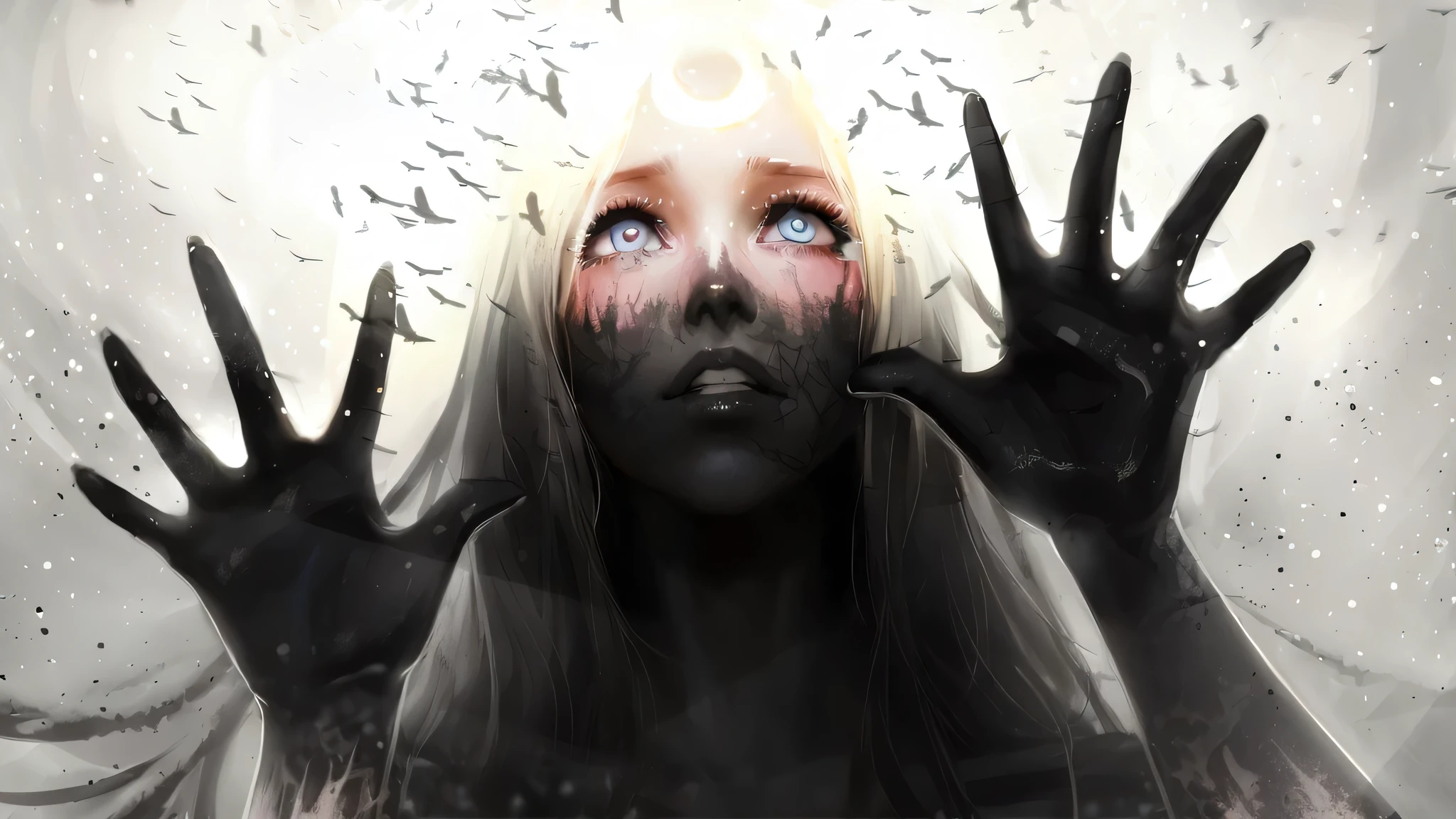 there is a woman,Head and hands covered with veil, Digital art on pixiv, Girl with white eyes, Anime Fantasy Illustration, Beautiful anime art work, Demon anime girl, Anime fantasy artwork, guweiz style artwork, Digital animation art, Advanced Animation Digital Art, goth girl anime girl, Digital art in anime style