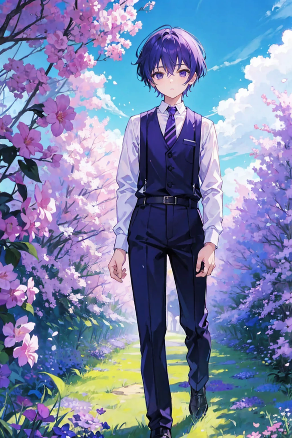 Blue Sky Day、Standing in a purple flower field、With short purple hair、White shirt and black trousers、Boy with purple tie