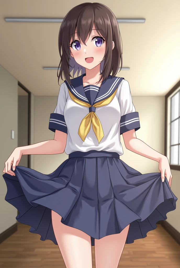 1 futanari girl:1.3, alone, Shortcuts, Big Breasts, View Audience, blush, smile, Open your mouth, Brown Hair, shirt, Shortcuts, Brown eyes,, indoor, erection:1.3, futanari:1.4, erection, ,Wearing a sailor uniform、Expressionless、blush、Sweaty、Big Breasts、Big cock、Petite:1.4、A penis is growing、My penis is pushing up my skirt、Anatomically correct body