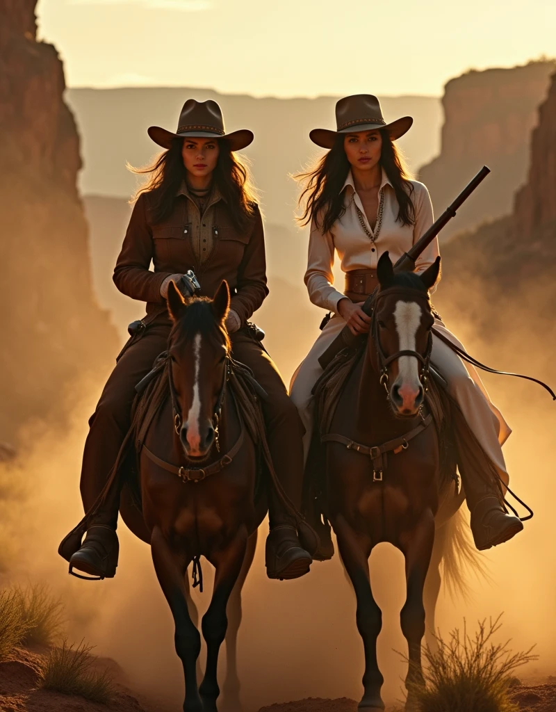 Cinematic film still from the movie "Bandidas", intense gritty, photo of two beautiful female cowboy outlaws , the one on the left holding a pistol is wearing a brown jacket, the one on the right holding a rifle is wearing white wild west theme dress , looking at the viewer, horse riding, Grand Canyon, golden hour , dramatic shadows , natural lighting . dusty mood