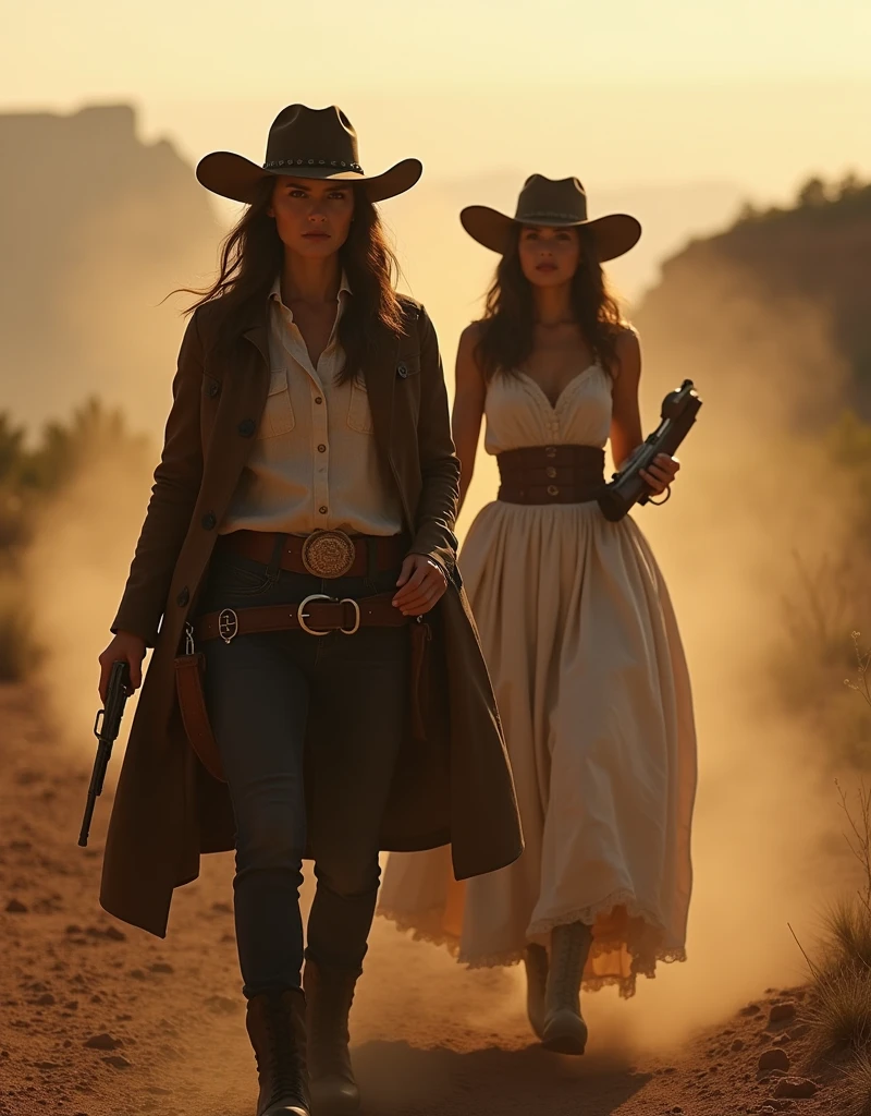 Cinematic film still from the movie "Bandidas", intense gritty, photo of two beautiful female cowboy outlaws , the one on the left holding a pistol is wearing a brown coat and dark shirt, the one on the right holding a rifle is wearing white wild west theme sundress , intricate detail cowboy's accessories, looking at the viewer, horse riding, Grand Canyon, golden hour , dramatic shadows , natural lighting . dusty mood