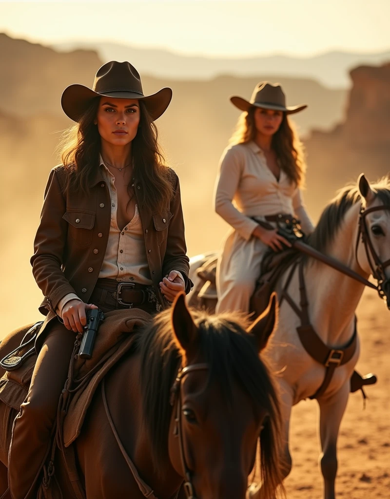 Cinematic film still from the movie "Bandidas", intense gritty, photo of two beautiful female cowboy outlaws , the one on the left holding a pistol is wearing a brown jacket, the one on the right holding a rifle is wearing white wild west theme dress , looking at the viewer, horse riding, Grand Canyon, golden hour , dramatic shadows , natural lighting . dusty mood