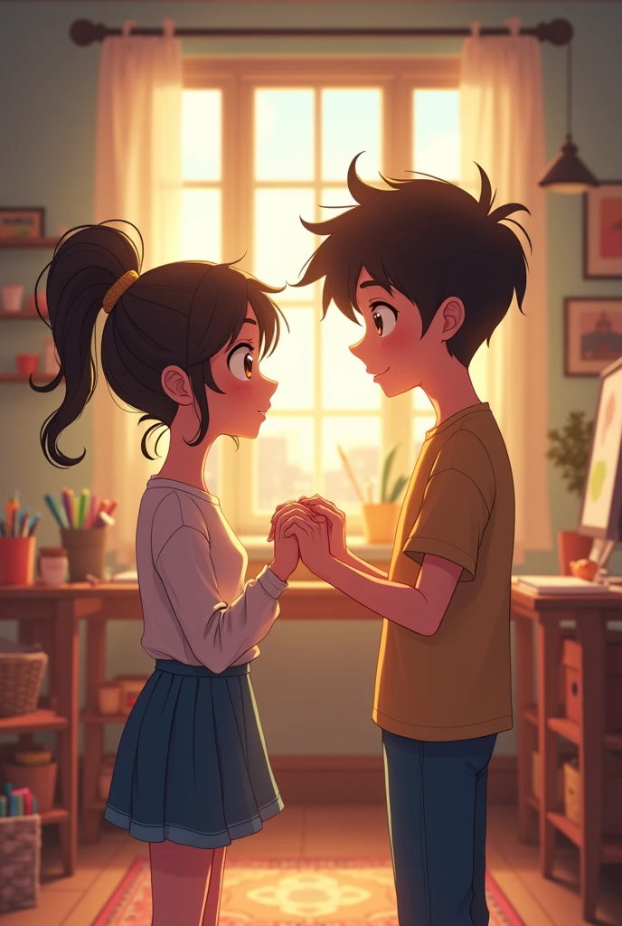 A 16 year old girl and a 20 year old boy make a 3d animetion. The boy and girl are looking forward and standing holding each other's hands.
Live translation
