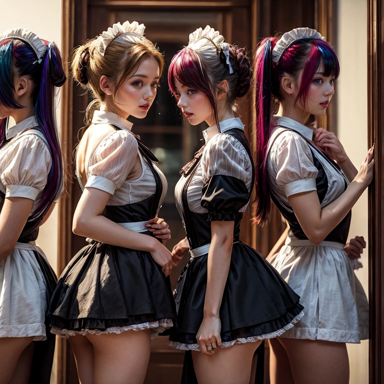 (Extremely Detailed((Kawaii Maid Group in a row:1.37))), Childish perfect face, Reflective Eyes, Detailed(Delicate Clothing textures), Dynamic Joyful Expressions LifeLike Rendering, (Specular Reflection:1.2), TopQuality 8K Ultra-detailed masterpiece (ProfessionalPhoto:1.37), (Acutance:0.8), (Luminism:1.28), (Renaissance art style), (Colorful Light particles:0.75), (Muscle:-0.5), ((Full body from side)), {(SkirtLift)|glossy floor|Kissing}, Radiant Fine Skin with Transparency, (Exposed:0.5), (Different types of Vivid hair colors:1.35), (Multiple hair color:-1.2)