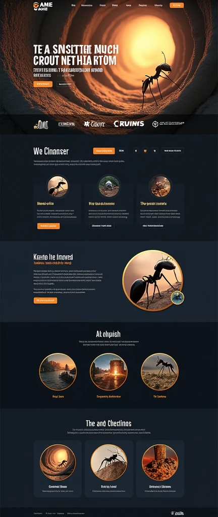 Game enterprise brand official website，reference：dribbble，Behance and other avant-garde web design creativity，High-end typesetting solutions，Advanced typography，Banner picture game font says：The Ants: Underground Kingdom The World's First Ant Strategy Games，Clarity，Sober Web Page，Real Ants，Realistic Ant，Gaming websites，strategy game，3D realistic style