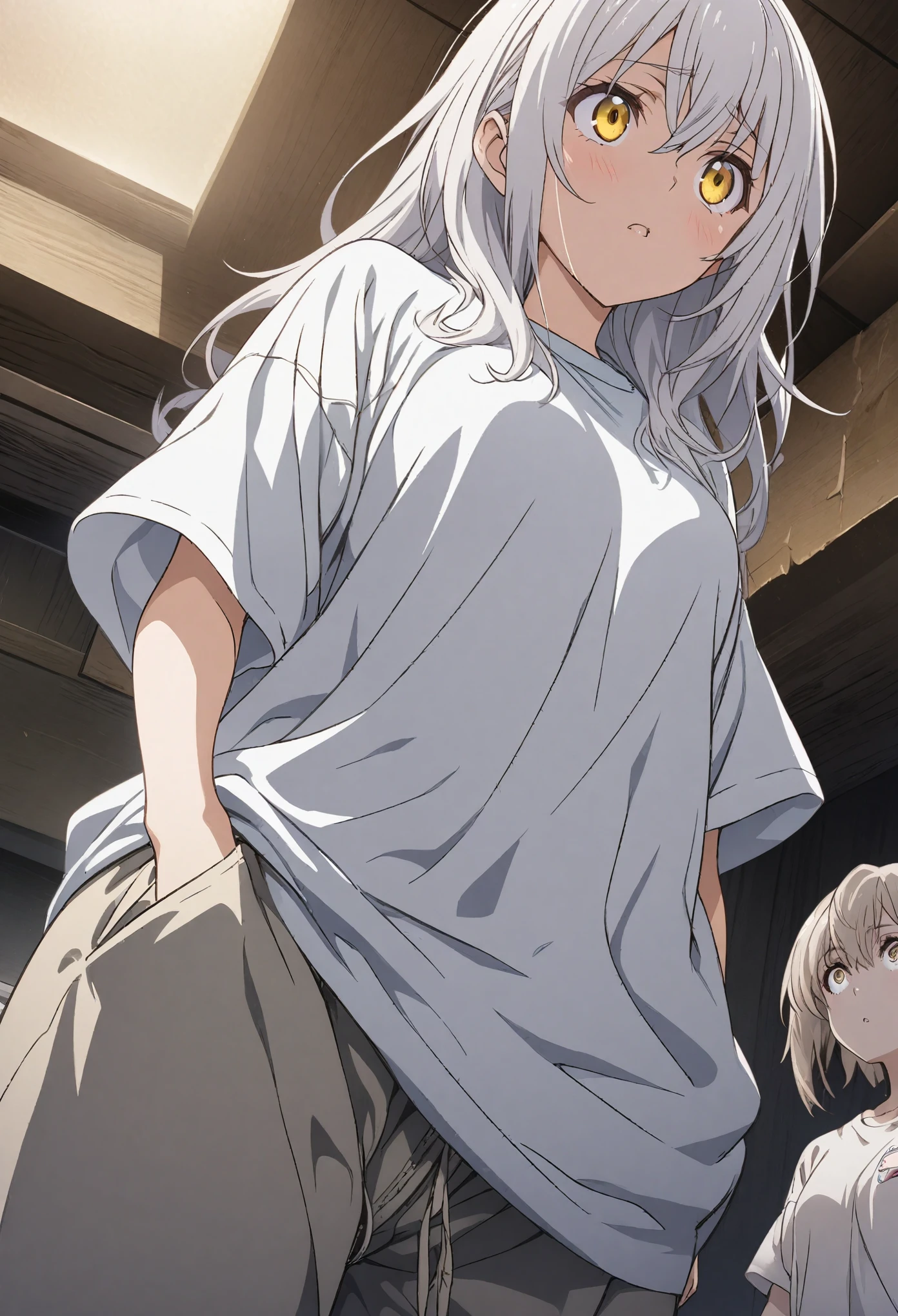 Two Girls, masterpiece, Highest quality, Highly detailed CG Unity 8k wallpaper, High School Girl Anime Illustration. Wear an oversized t-shirt and oversized pants、Keep your hands in your pants pockets, The background is a simple single color。white hair color, Yellow Eyes, Confused eyes, Angle looking up from below