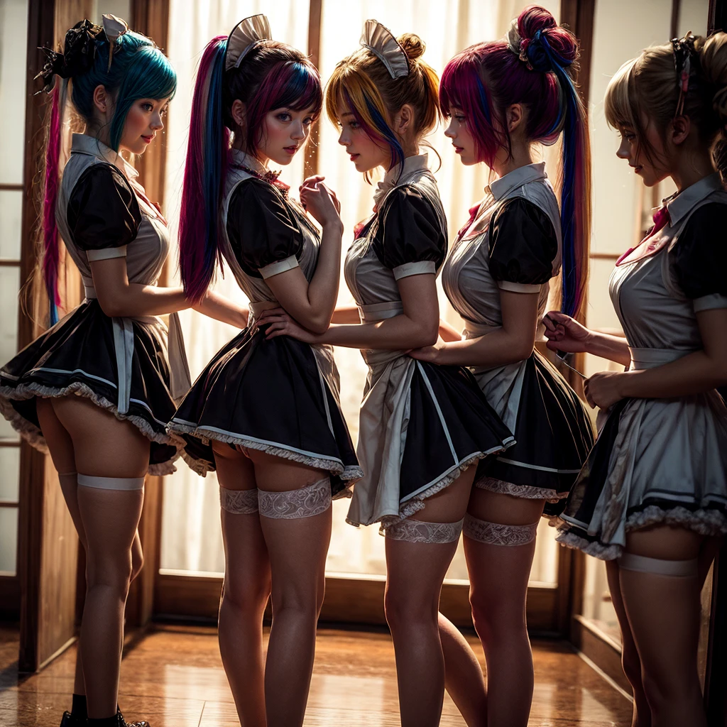 (Extremely Detailed((Kawaii Maid Group in a row:1.37))), Childish perfect face, Reflective Eyes, Detailed(Delicate Clothing textures), Dynamic Joyful Expressions LifeLike Rendering, (Specular Reflection:1.2), TopQuality 8K Ultra-detailed masterpiece (ProfessionalPhoto:1.37), (Acutance:0.8), (Luminism:1.28), (Renaissance art style), (Colorful Light particles:0.75), (Muscle:-0.5), ((Full body from side)), {(SkirtLift)|glossy floor|Kissing}, Radiant Fine Skin with Transparency, (Exposed:0.5), (Different types of Vivid hair colors:1.35), (Multiple hair color:-1.2)