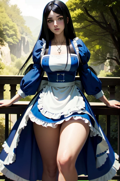 AliceHorror, 1 girl, standing alone, striped, thicc thighs, cosplay, striped thicc thighs, Bblack hair, Alice (Alice in wonderland), NSFW, tree, long hair, apron, Alice (Alice in wonderland) (cosplay), jewerly, necklase
,work of art, best qualityer, cinematic lighting,Alice Lindell (Alice in Wonderland) , hairless, Big boss, vagina, hinterland, balcony, Room, 
