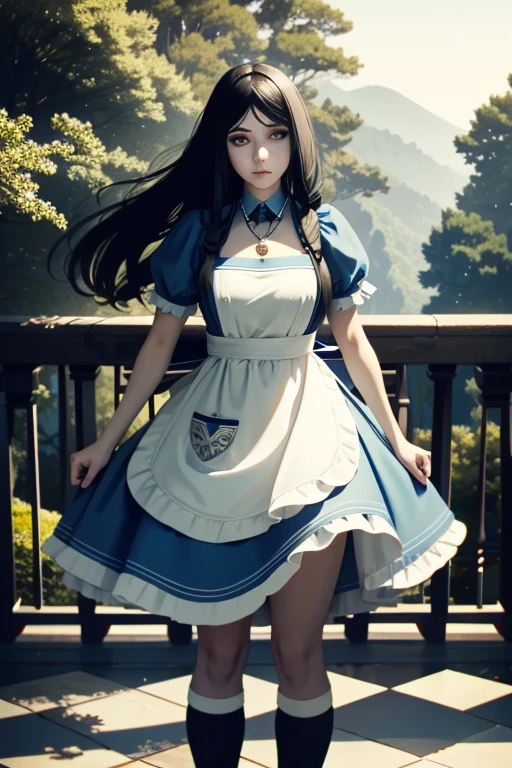 AliceHorror, 1 girl, standing alone, striped, thicc thighs, cosplay, striped thicc thighs, Bblack hair, Alice (Alice in wonderland), NSFW, tree, long hair, apron, Alice (Alice in wonderland) (cosplay), jewerly, necklase
,work of art, best qualityer, cinematic lighting,Alice Lindell (Alice in Wonderland) , hairless, Big boss, vagina, hinterland, balcony, Room, 
